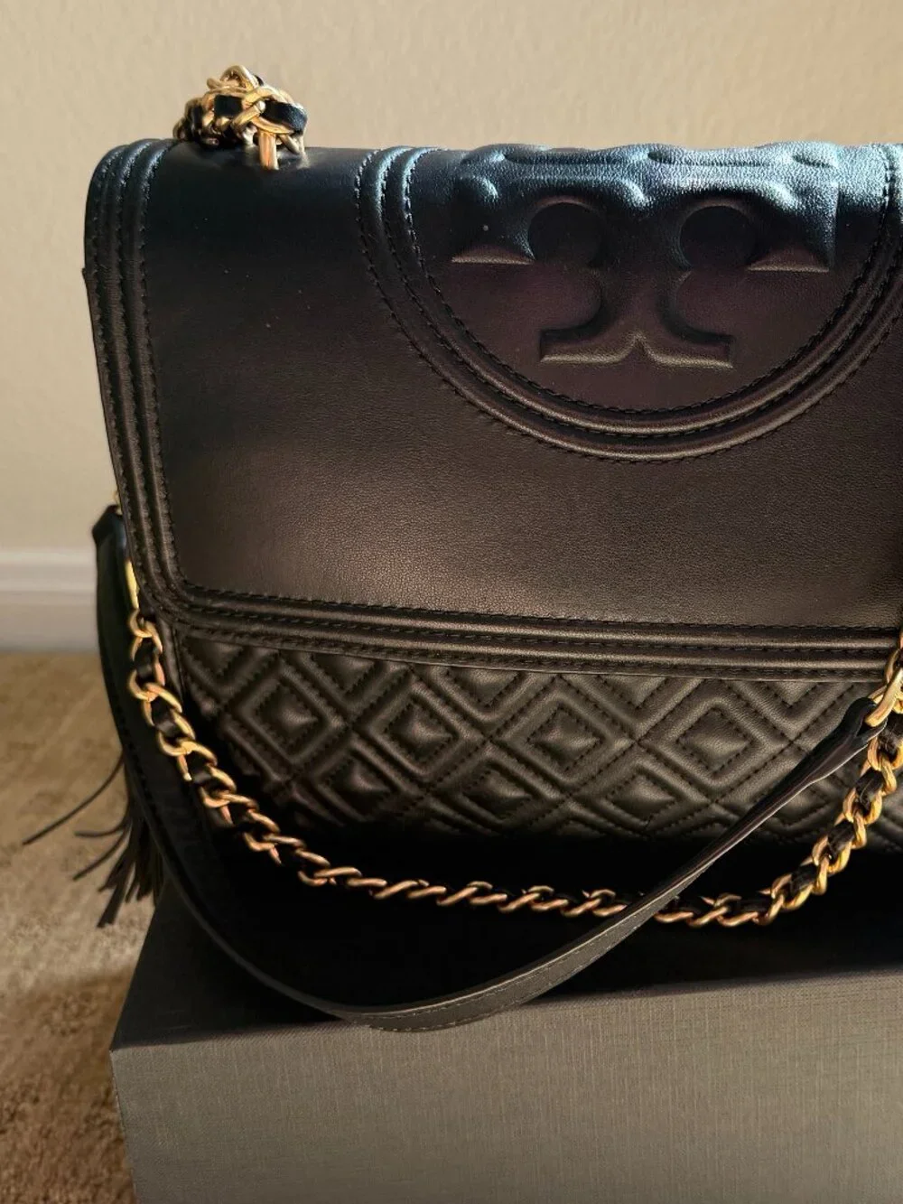 Tory Burch Black Fleming Quilted Convertible Bag and Complementary Wallet